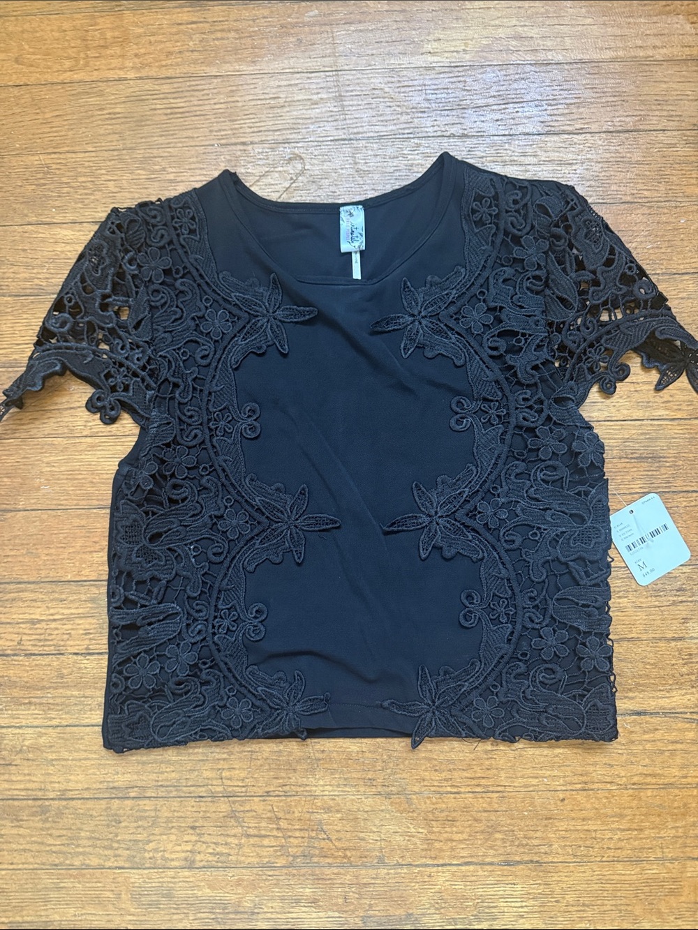 Free People Black Floral Lace Short Sleeve Top